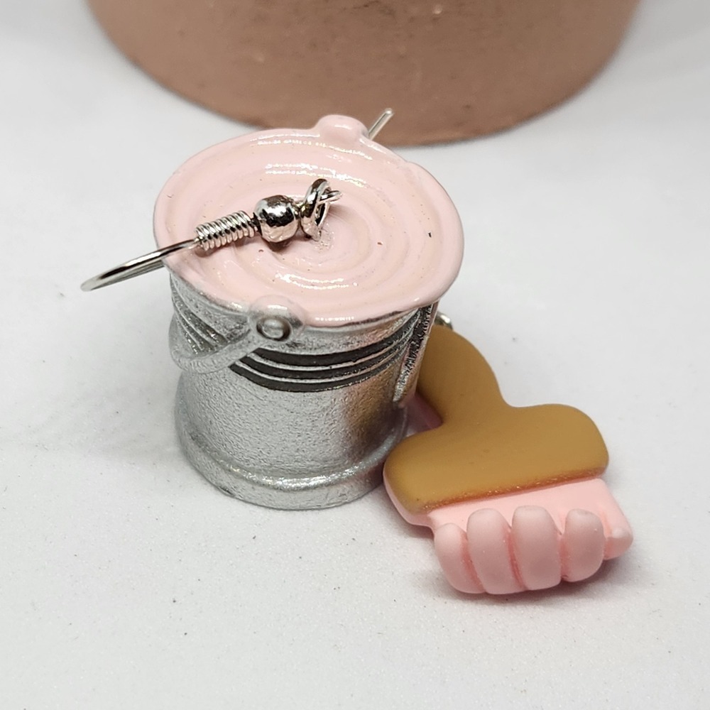Paint Bucket Brush Earrings Silver Tone Artist Painter Craft Dangle Drop - Picture 5 of 11